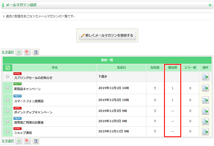 メルマガの開封数が確認できるようになりました。